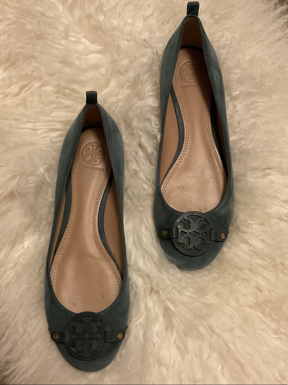 Tory Burch Teal Suede Logo Ballet Flats